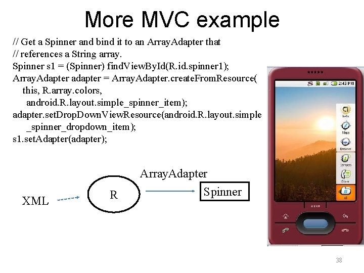 More MVC example // Get a Spinner and bind it to an Array. Adapter