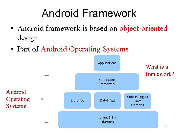 Android Framework • Android framework is based on object-oriented design • Part of Android