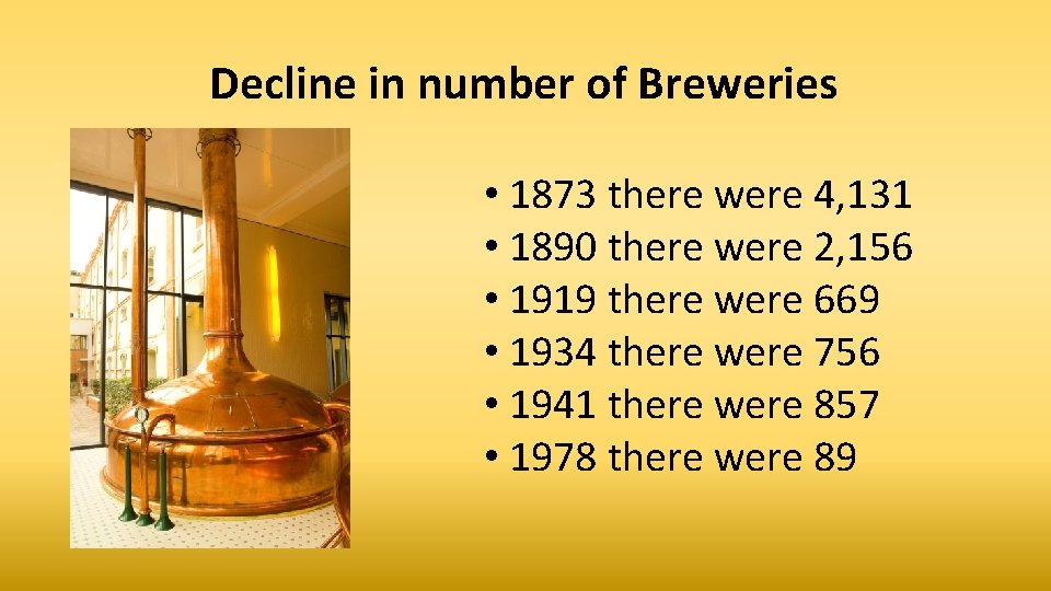 Decline in number of Breweries • 1873 there were 4, 131 • 1890 there