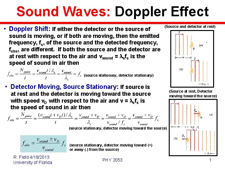 Sound Waves: Doppler Effect • Doppler Shift: If either the detector or the source