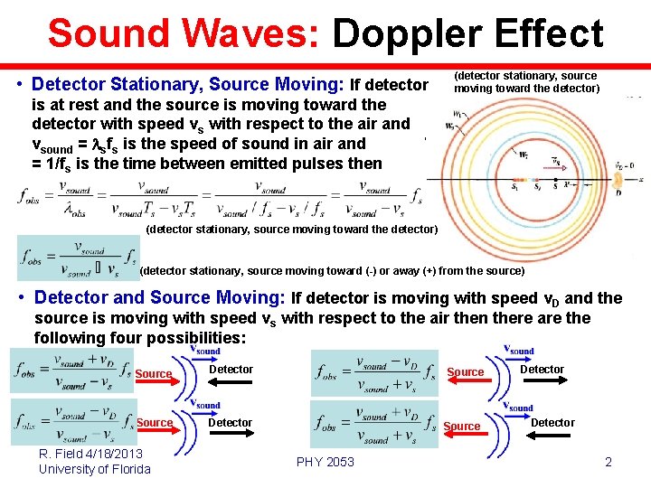 Sound Waves: Doppler Effect • Detector Stationary, Source Moving: If detector (detector stationary, source