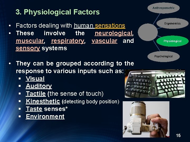 3. Physiological Factors • Factors dealing with human sensations • These involve the neurological,