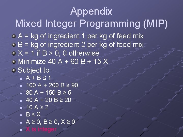 Appendix Mixed Integer Programming (MIP) A = kg of ingredient 1 per kg of