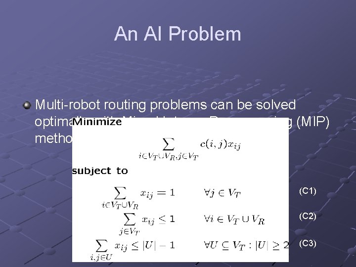 An AI Problem Multi-robot routing problems can be solved optimally with Mixed Integer Programming