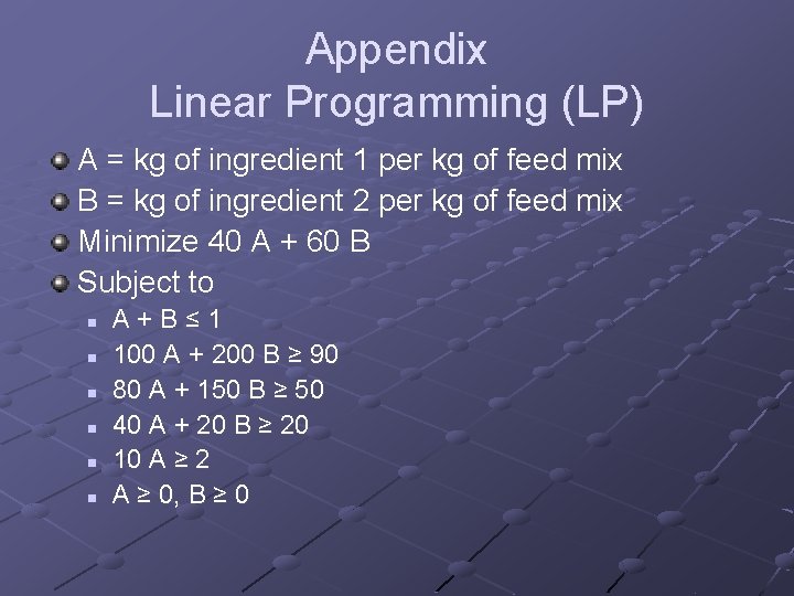 Appendix Linear Programming (LP) A = kg of ingredient 1 per kg of feed