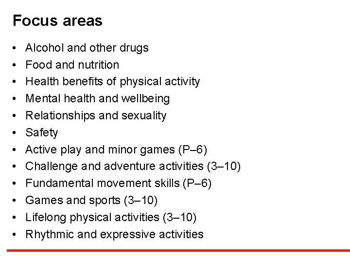 Focus areas • • • Alcohol and other drugs Food and nutrition Health benefits