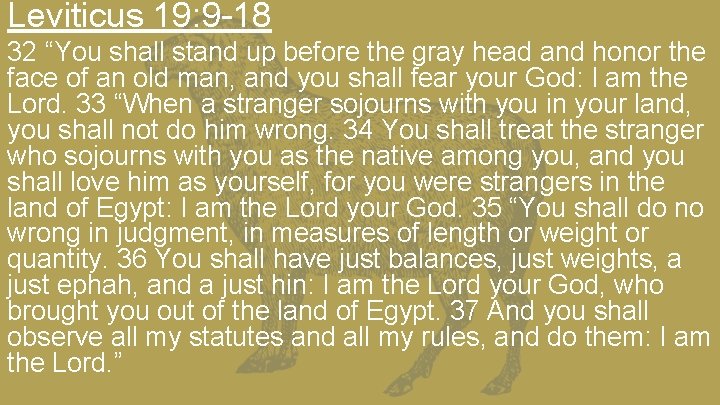 Leviticus 19: 9 -18 32 “You shall stand up before the gray head and