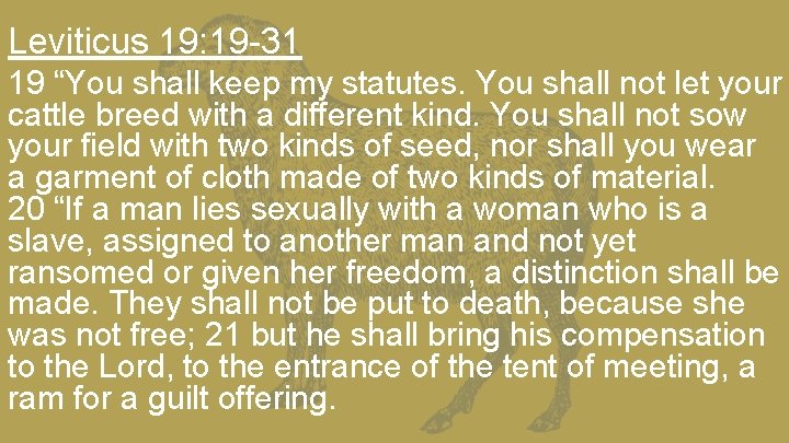 Leviticus 19: 19 -31 19 “You shall keep my statutes. You shall not let