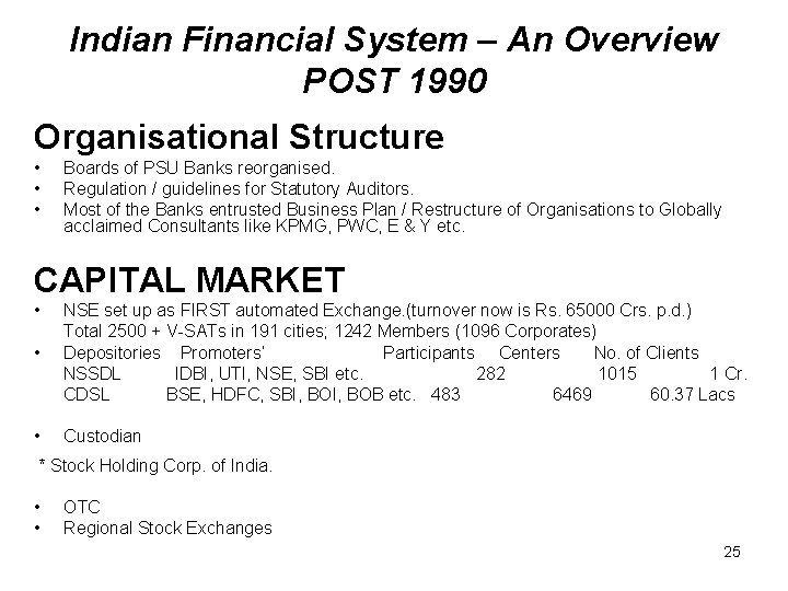 Indian Financial System – An Overview POST 1990 Organisational Structure • • • Boards