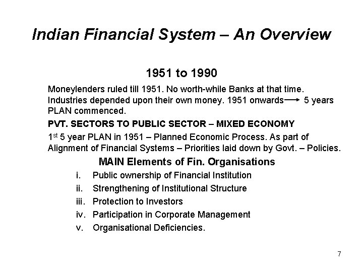 Indian Financial System – An Overview 1951 to 1990 Moneylenders ruled till 1951. No