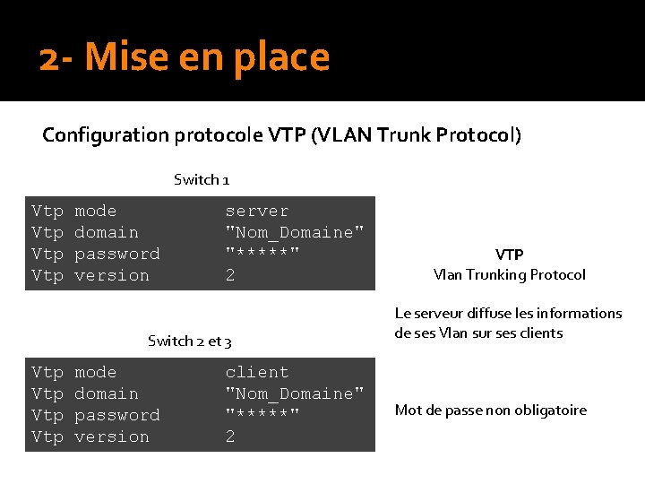 2 - Mise en place Configuration protocole VTP (VLAN Trunk Protocol) Switch 1 Vtp