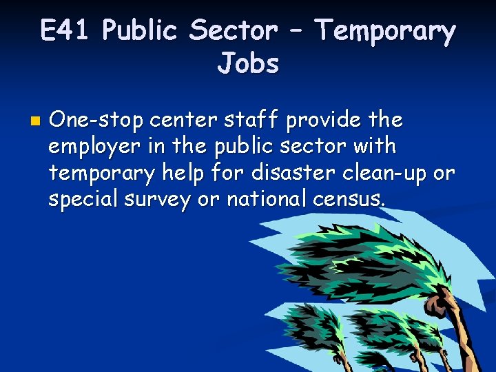 E 41 Public Sector – Temporary Jobs n One-stop center staff provide the employer