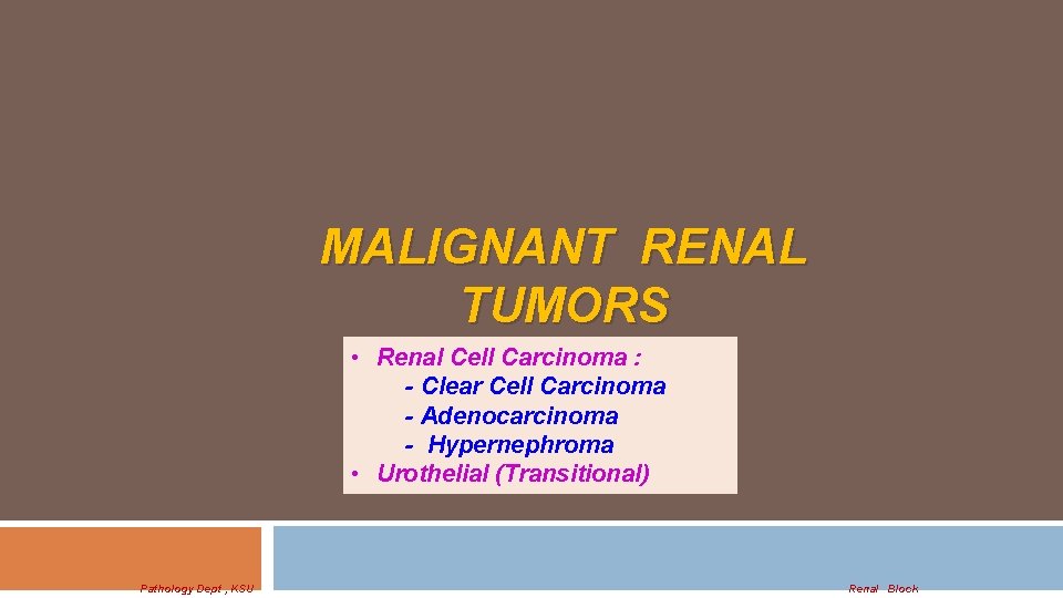 MALIGNANT RENAL TUMORS • Renal Cell Carcinoma : - Clear Cell Carcinoma - Adenocarcinoma