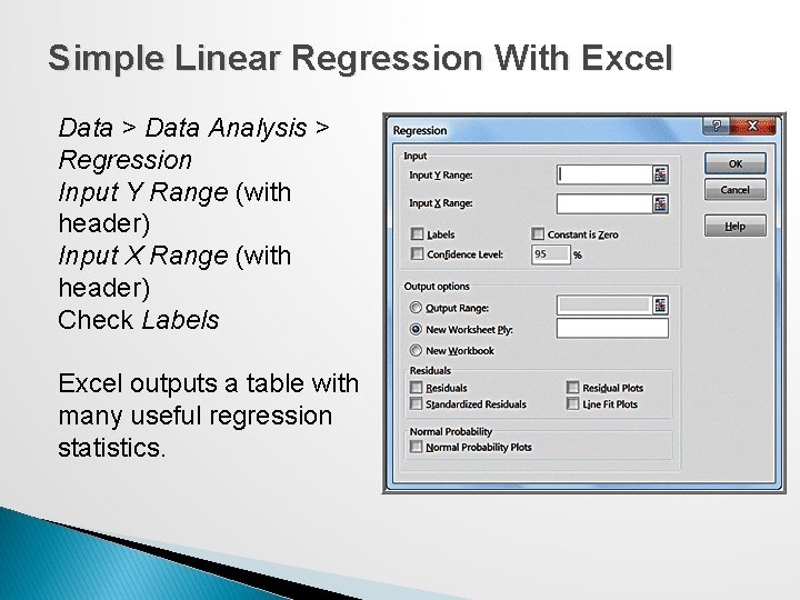 Simple Linear Regression With Excel Data > Data Analysis > Regression Input Y Range