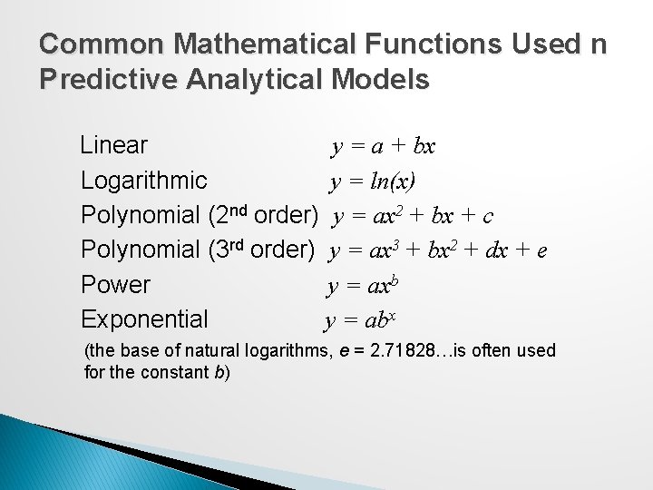 Common Mathematical Functions Used n Predictive Analytical Models Linear y = a + bx