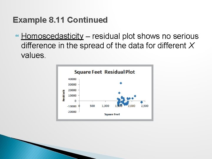 Example 8. 11 Continued Homoscedasticity – residual plot shows no serious difference in the