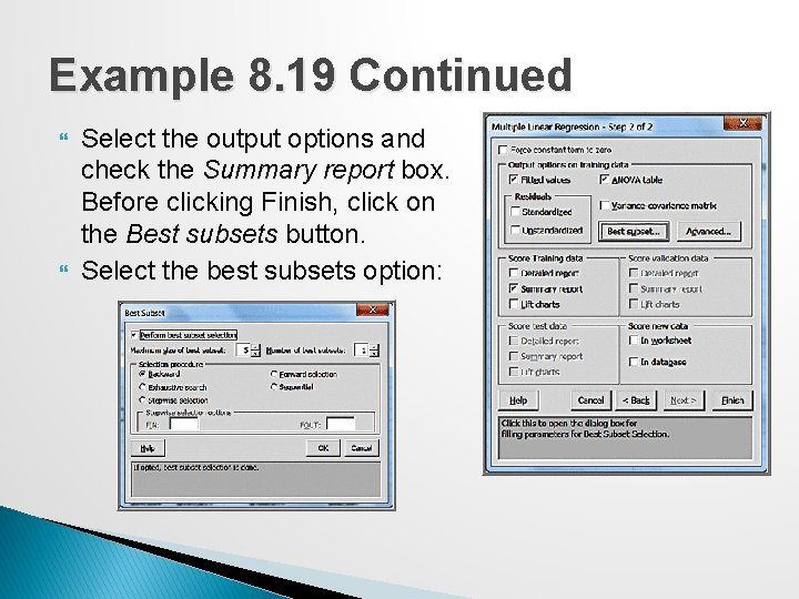 Example 8. 19 Continued Select the output options and check the Summary report box.