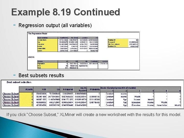 Example 8. 19 Continued Regression output (all variables) Best subsets results If you click