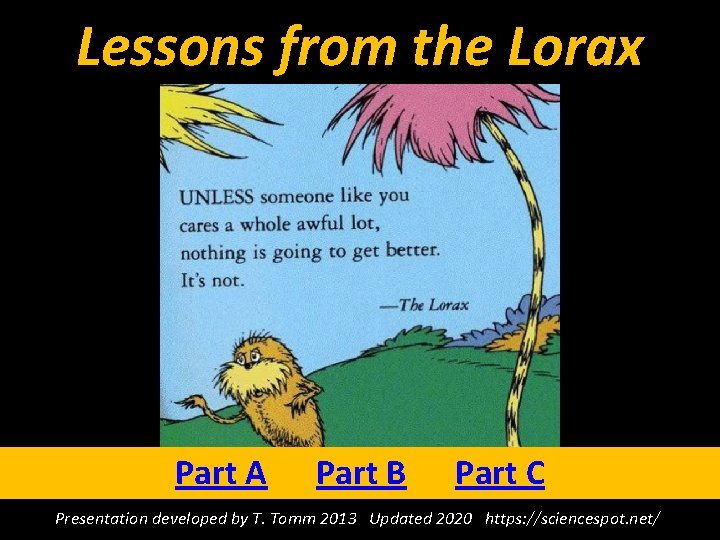 Lessons from the Lorax Part A Part B Part C Presentation developed by T.