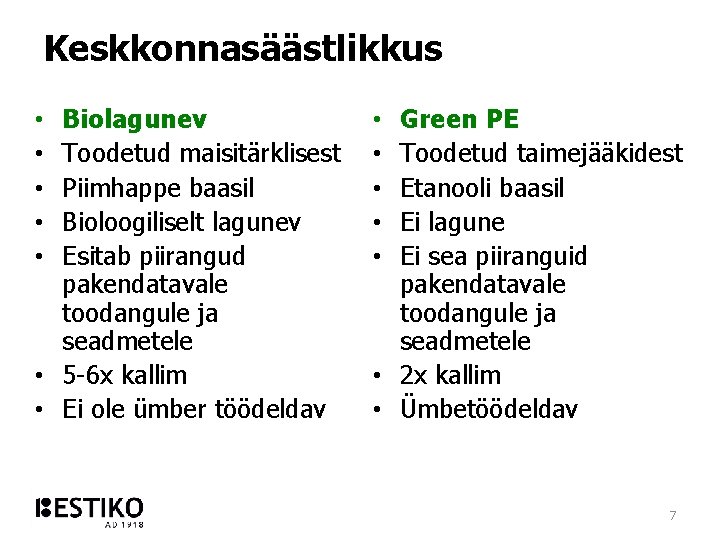 Keskkonnasäästlikkus Biolagunev Toodetud maisitärklisest Piimhappe baasil Bioloogiliselt lagunev Esitab piirangud pakendatavale toodangule ja seadmetele