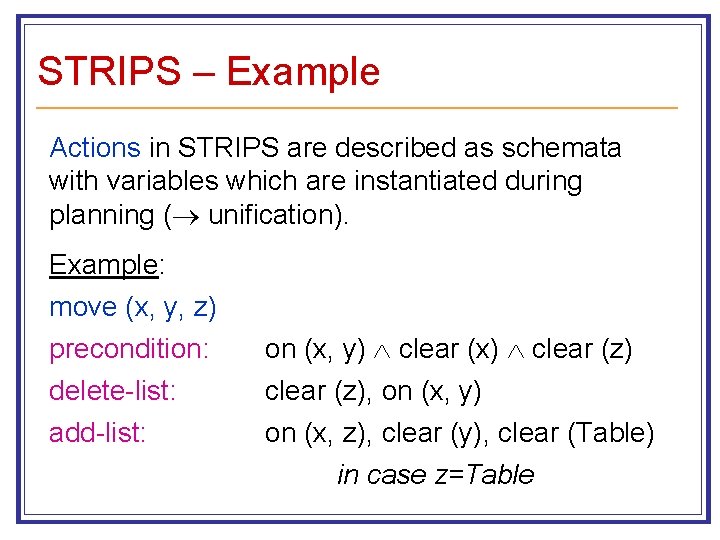STRIPS – Example Actions in STRIPS are described as schemata with variables which are