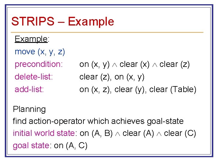 STRIPS – Example: move (x, y, z) precondition: delete-list: add-list: on (x, y) clear