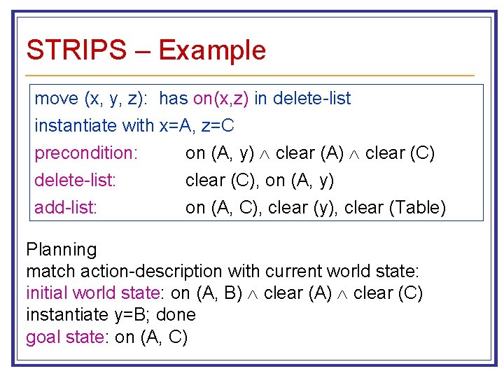 STRIPS – Example move (x, y, z): has on(x, z) in delete-list instantiate with