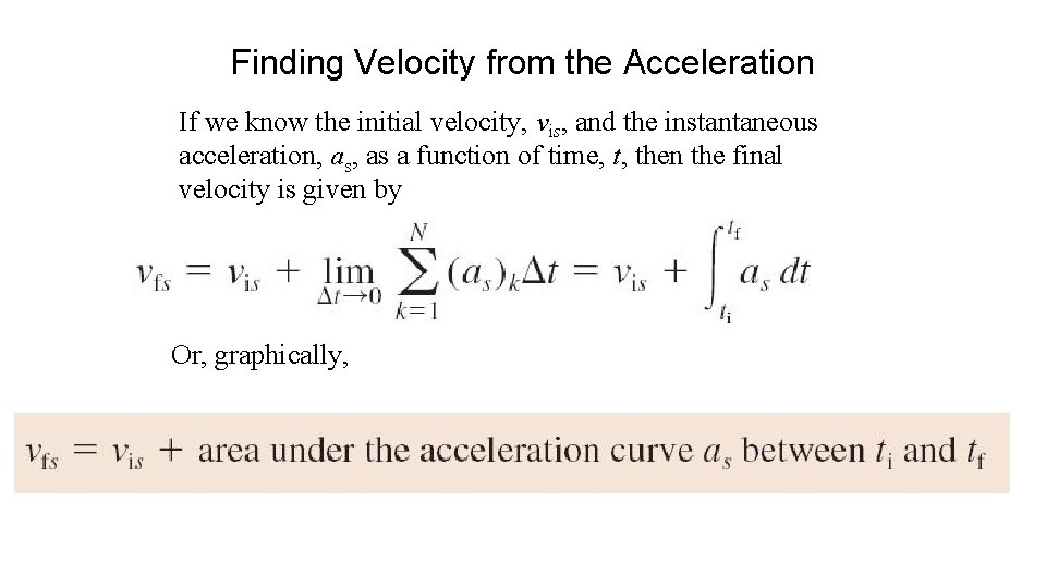 Finding Velocity from the Acceleration If we know the initial velocity, vis, and the