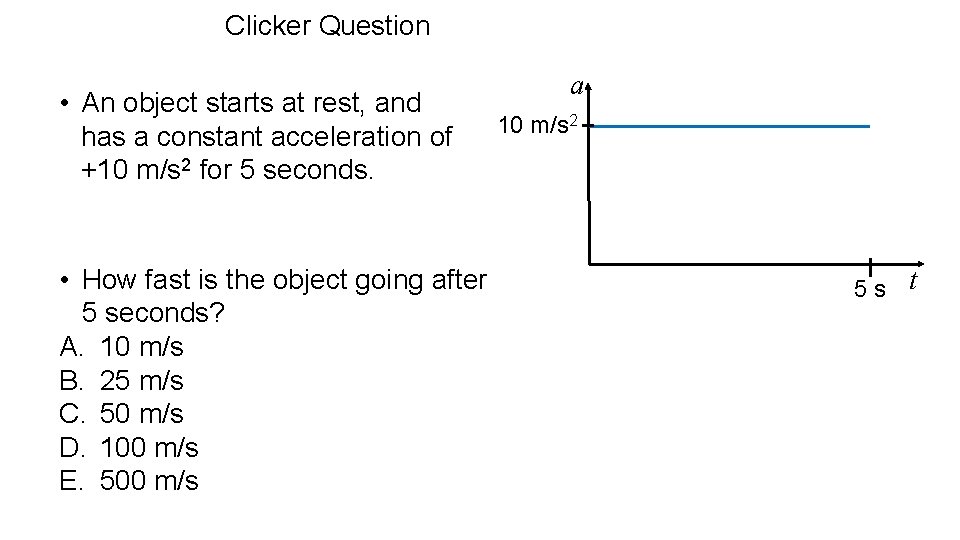 Clicker Question • An object starts at rest, and has a constant acceleration of
