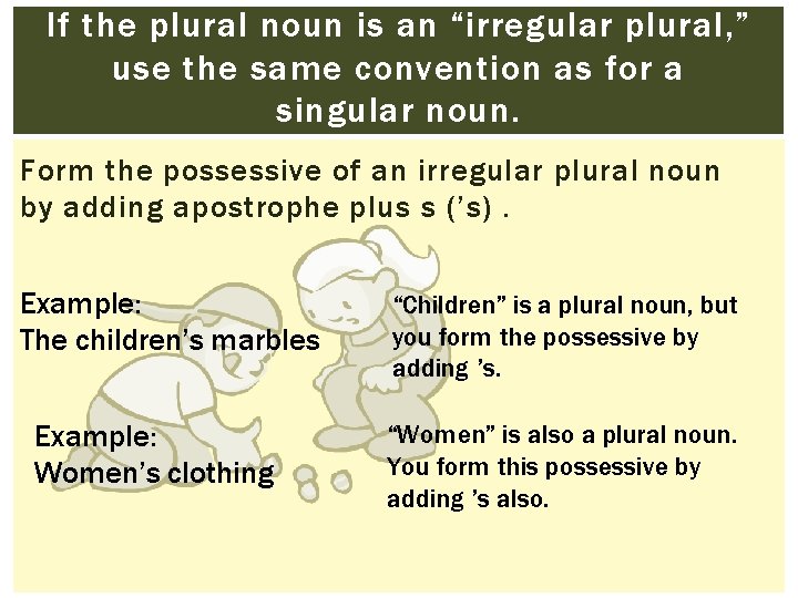 If the plural noun is an “irregular plural, ” use the same convention as