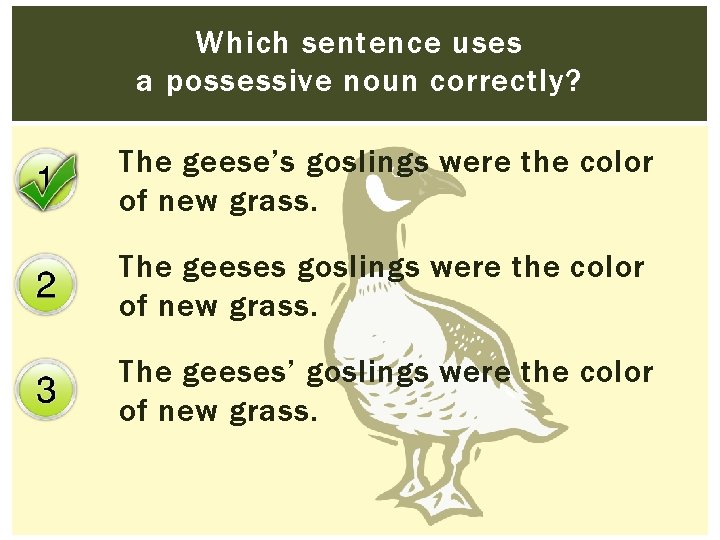 Which sentence uses a possessive noun correctly? The geese’s goslings were the color of