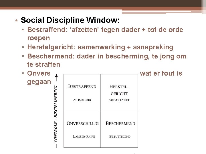 • Social Discipline Window: ▫ Bestraffend: ‘afzetten’ tegen dader + tot de orde • Social Discipline Window: ▫ Bestraffend: ‘afzetten’ tegen dader + tot de orde