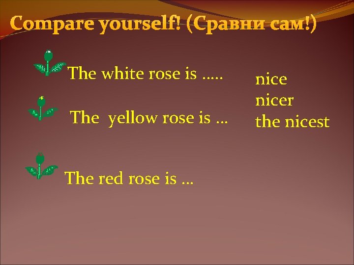 Compare yourself! (Сравни сам!) The white rose is …. . The yellow rose is