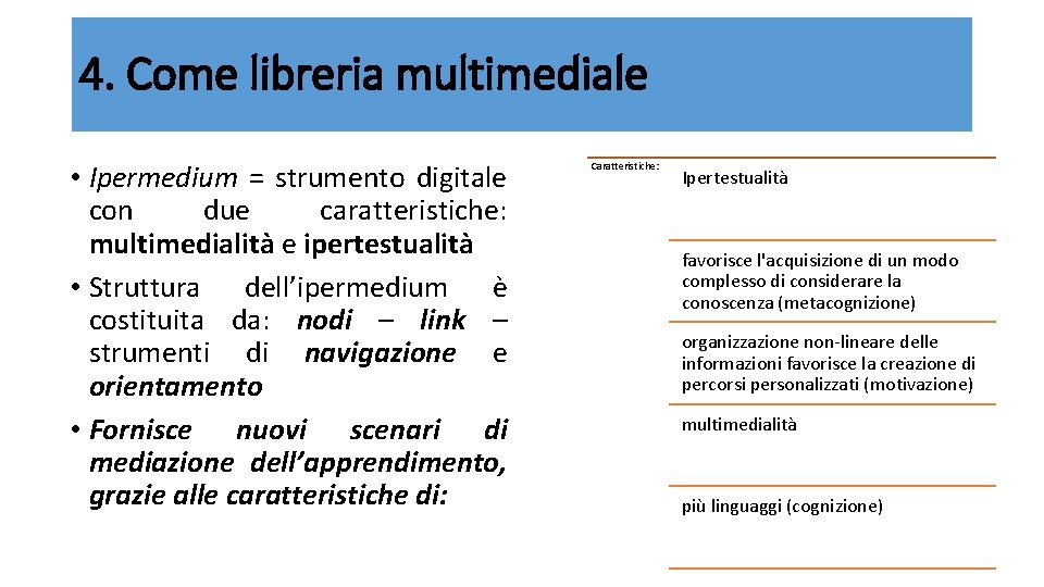 4. Come libreria multimediale • Ipermedium = strumento digitale con due caratteristiche: multimedialità e