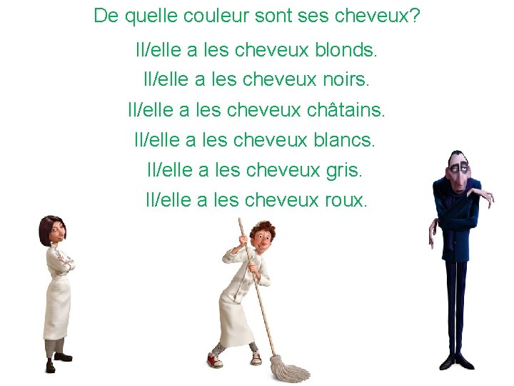 De quelle couleur sont ses cheveux? Il/elle a les cheveux blonds. Il/elle a les