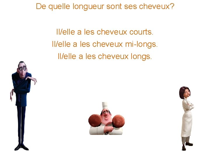 De quelle longueur sont ses cheveux? Il/elle a les cheveux courts. Il/elle a les