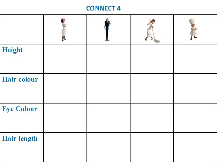 CONNECT 4 Height Hair colour Eye Colour Hair length 