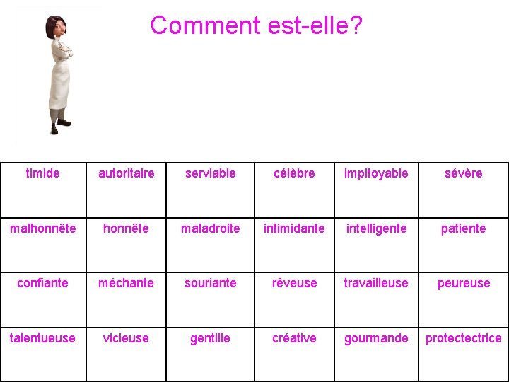 Comment est-elle? timide autoritaire serviable célèbre impitoyable sévère malhonnête maladroite intimidante intelligente patiente confiante