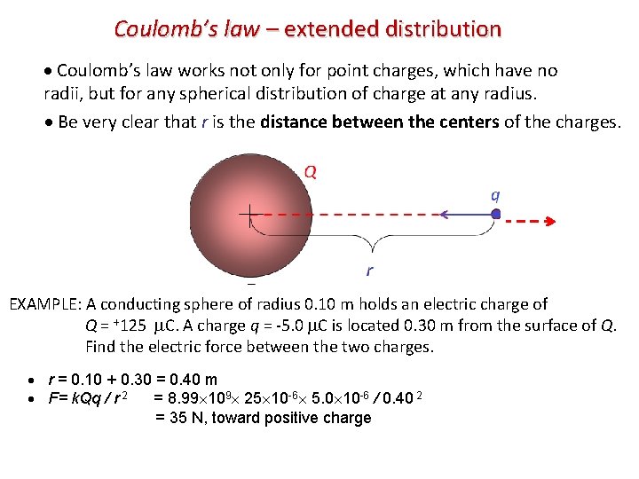 Coulomb’s law – extended distribution Coulomb’s law works not only for point charges, which