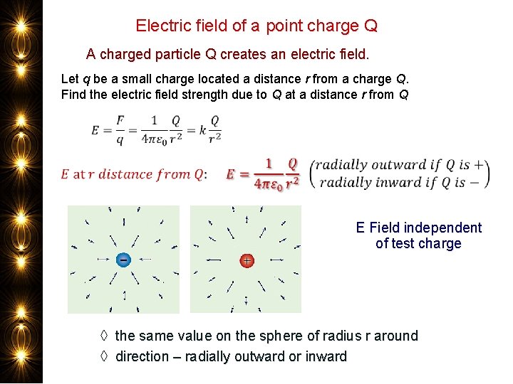 Electric field of a point charge Q A charged particle Q creates an electric