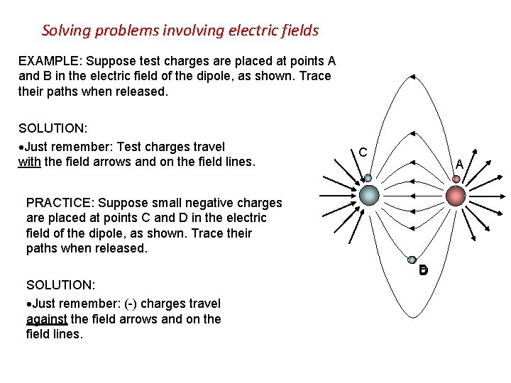 Solving problems involving electric fields EXAMPLE: Suppose test charges are placed at points A