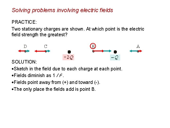 Solving problems involving electric fields PRACTICE: Two stationary charges are shown. At which point