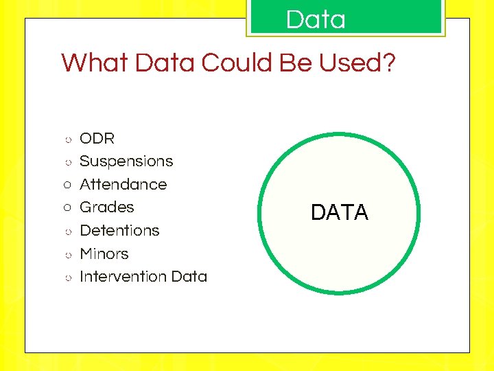 Data What Data Could Be Used? ODR ○ Suspensions ○ Attendance ○ Grades ○