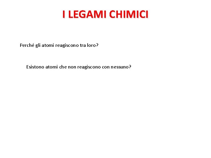 I LEGAMI CHIMICI Perché gli atomi reagiscono tra loro? Esistono atomi che non reagiscono