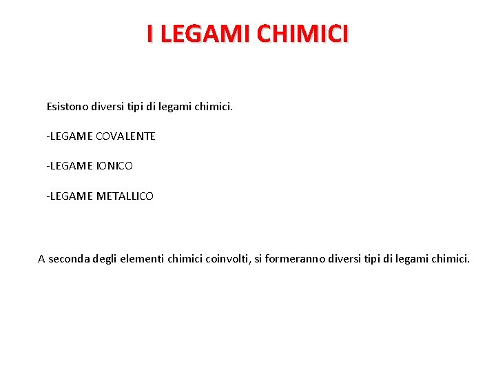 I LEGAMI CHIMICI Esistono diversi tipi di legami chimici. -LEGAME COVALENTE -LEGAME IONICO -LEGAME