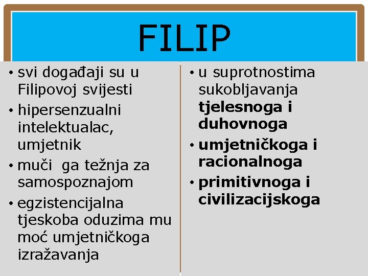 FILIP • svi događaji su u Filipovoj svijesti • hipersenzualni intelektualac, umjetnik • muči FILIP • svi događaji su u Filipovoj svijesti • hipersenzualni intelektualac, umjetnik • muči