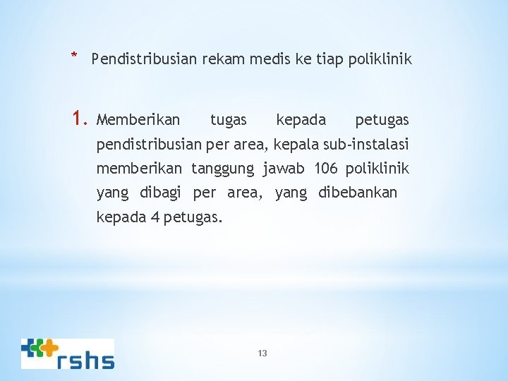 * Pendistribusian rekam medis ke tiap poliklinik 1. Memberikan tugas kepada petugas pendistribusian per