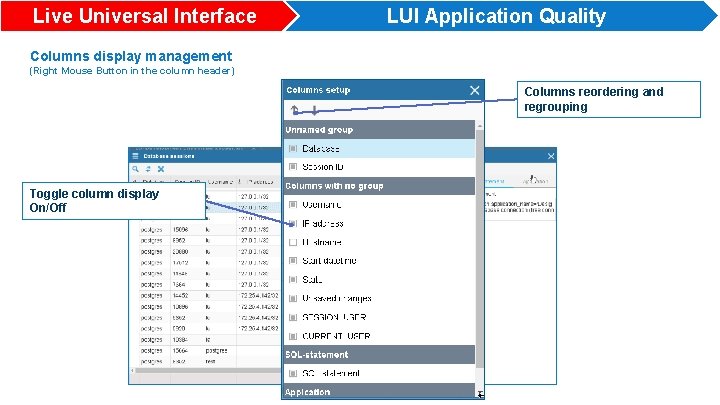 Live Universal Interface LUI Application Quality Columns display management (Right Mouse Button in the
