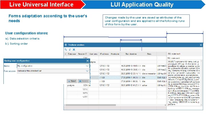 Live Universal Interface Forms adaptation according to the user’s needs User configuration stores: a).