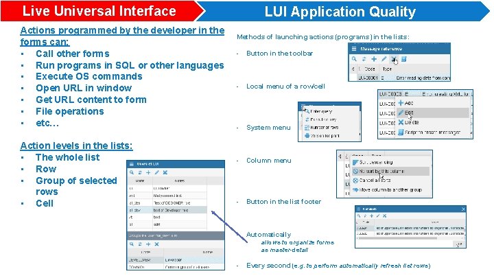 Live Universal Interface Actions programmed by the developer in the forms can: • Call